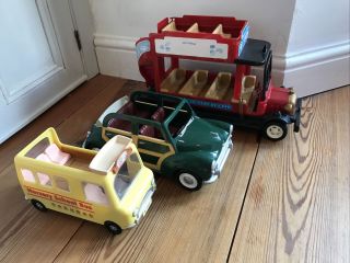 Sylvanian Families Vehicle Bundle Woodland Country Red Bus,  Green Car,  Nursery