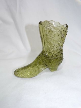Vintage Fenton Glass Olive Green Daisy & Button Slipper Shoe Boot 4 " Tall
