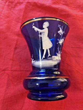 Vintage Cobalt Blue Mary Gregory Mini Vase With White & Gold Trim