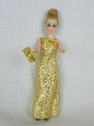 Vtg Topper 1971 Dawn Doll Friend Model Denise In Golden Moment W/ Shoes & Purse