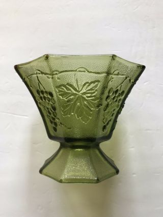 Vintage Green Depression Glass Vase Grape Pattern Octagon Pedestal No Chips