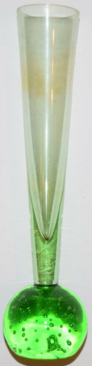 Vintage Green Hand Blown Controlled Bubble Base 8 " Bud Vase Art Glass