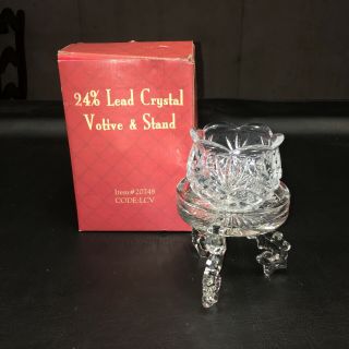 24 Crystal Glass Votive & Stand Fan Diamond Cut Scalloped Candle Holder