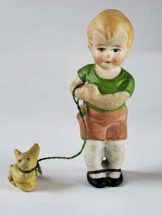 Hertwig Germany Bisque Dollhouse Miniature Boy Pet Cat Or Dog On Leash 3 Inches
