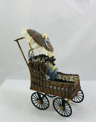 Vintage Dollhouse Miniature Artisan Wicker Victorian Baby Stroller Pram 1988 Mw