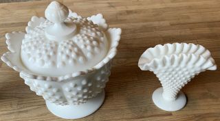 Vintage Fenton Milk Glass White Hobnail Candy Dish With Lid And Extra Small Vase
