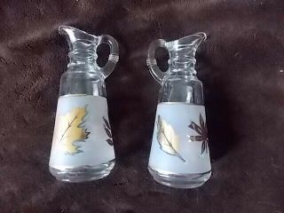 Vintage Set Of 2 Clear Glass Oil & Vinegar Cruets W/ Gold Leaves Frosted Back