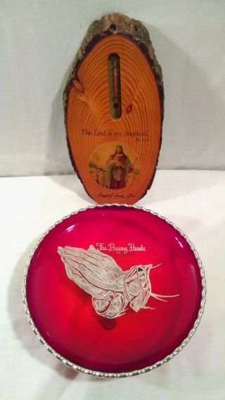 Vtg Sterling On Ruby Red Crystal 3 Footed Praying Hands Dish Bowl & Jesus Plaque