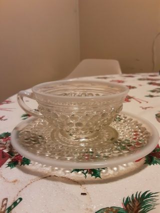 Vintage Fenton Clear & White Opalescent Hobnail Tea Cup And Saucer