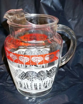 Vintage Clear Glass Ice Lip Pitcher Red Heart White Colonial Winter Scene Beauty