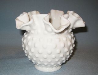 Vintage Fenton White Milk Glass Hobnail Ruffled Edge Vase Rose Bowl 4 "