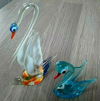 2 Stunning Vintage Murano Glass Swans Vibrant Colours In Vgc