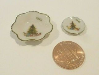 Jo Parker Dollhouse Miniature Porcelain Bowl W/x - Mas Tree Design & Small Plate