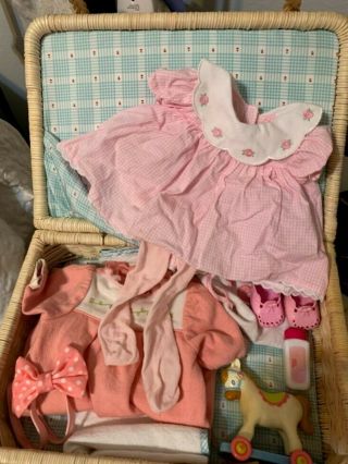 American Girl Bitty Baby Wicker Basket Suit Case And Accessories