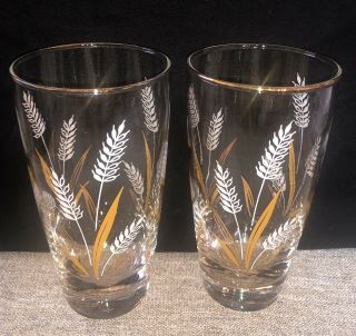 Two (2) Vintage Libbey Wheat Pattern Glasses Tumblers Clear Gold White Exc Cond