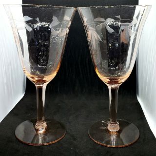 Vintage Depression Glass Pink Panel Optic 6 1/2 " Wine Glasses Etched