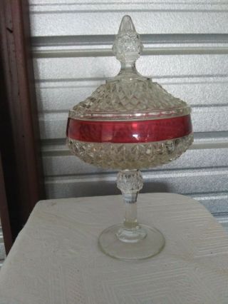 Vintage Indiana Glass 12 " Ruby Red Flash Diamond Point Pedestal Candy Dish & Lid