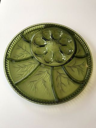 Vintage Green Indiana Glass Tree Of Life Round Embossed Relish Tray Egg Plate