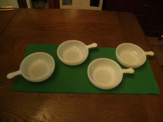 Set Of 4 Vintage Glasbake White Milk Glass Handled Soup Bowls J 2102 Made In Usa