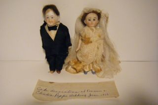 Ant.  All - Bisque Bride & Groom Dressed German? Dolls Cake Toppers 1913 Wedding