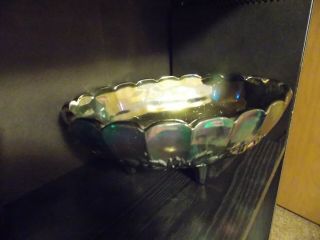 Vintage Blue Harvest Grape Carnival Glass Footed Oval Fruit Bowl