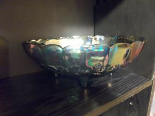 Vintage Blue Harvest Grape Carnival Glass Footed Oval Fruit Bowl 3