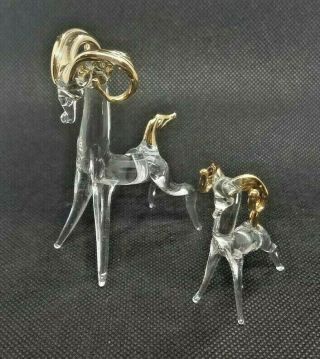 2 Hand Blown Art Glass Miniature Animal Figurines Ram Aries Clear W/ Gold Horns