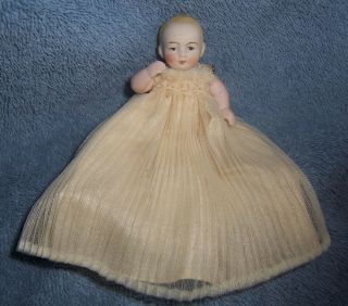 Antique Vintage German All Porcelain Bisque Baby Doll 3.  25 " Dollhouse Long Gown