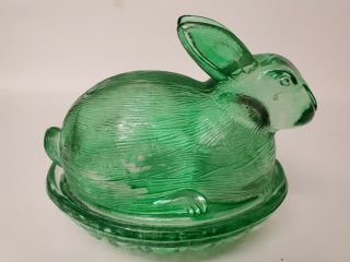Vintage Green Glass Bunny Rabbit On A Nest Pretty Green Color Candy Dish 4.  5 "
