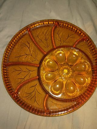 Indiana Glass,  Amber Tree Of Life Deviled Egg Plate,  Relish Tray,  Vintage Mcm