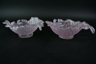 Set Of 2 Vtg.  Murano Pink Sugarware Art Glass Shell - Shaped Freeform Bowls Italy