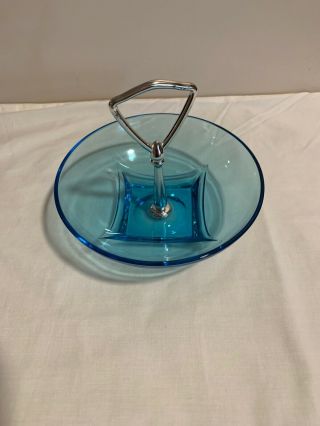 Vintage Aqua Blue Glass Candy Dish With Silver Center Handle