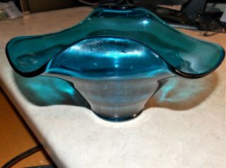 Mid Century Modern Teal Blue Peacock Glass Candy Dish Estate Handkerchief