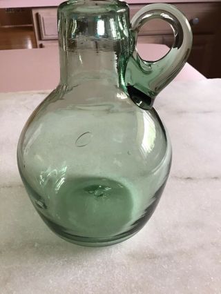 5.  5” Vintage Hand Blown Medium Green Glass Jug With Handle From Williamsburg,  Va