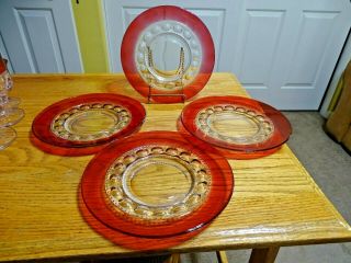 Kings Crown Thumbprint Ruby Red Flash 4 - 8 3/8 " Salad Plates Indiana Glass
