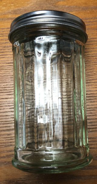 Glass Sugar Dispenser With Stainless Steel Flap Lid.  5 1/2in.  X 3in.  Good Shape