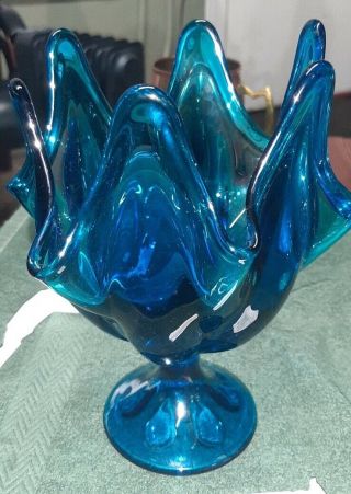Vintage Aqua Blue Hand Blown Glass Ruffled Edge Bud Vase