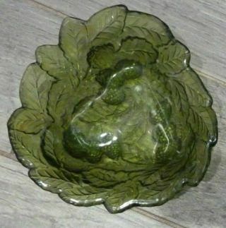 Indiana Glass Bowl Green Art Glass Embossed Pine Cones & Leaves Triangular Dish
