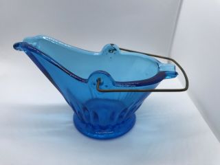 Vintage Blue Glass Mini Creamer Pitcher Gravy Boat Bucket With Metal Handle