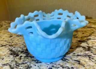 Vintage Fenton Milk Blue Satin Glass Candy Bowl Dish Basket Weave Turquoise Aqua
