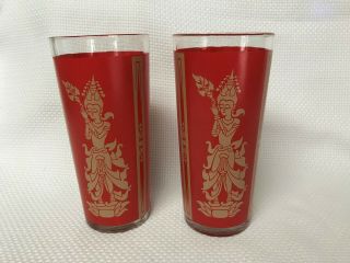 2 Vintage Culver Flared Asian Glasses Highball Ice Tea Tumbler Red Gold Barware