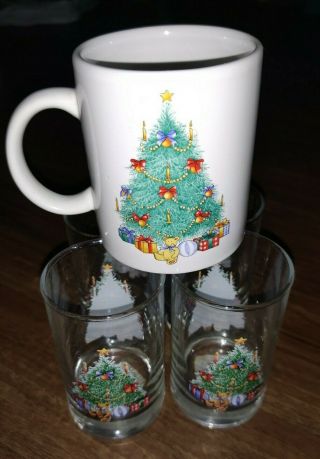 Corelle Christmas Holiday Magic Coffee Mug W/ 4 Funtastic Juice Glasses