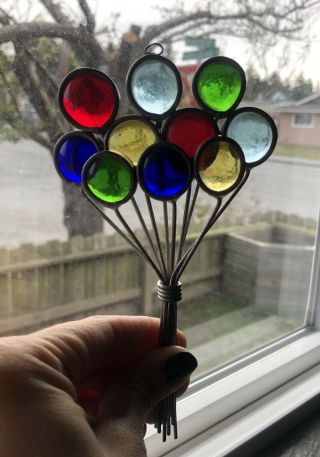 Vintage Handmade Leaded Stained Glass Suncatcher Ornament Bunch Of Balloons