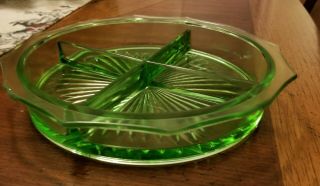 Vintage Uranium Vaseline Glass Divided Relish Dish,  Green Depression Glass Glows