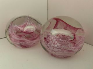 Caithness Scotland 2 glass MOON CRYSTAL pink swirl small paperweights 2