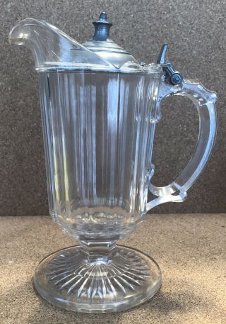 Antique Eapg Clear Glass Syrup Pitcher W/ Metal Repaired Top