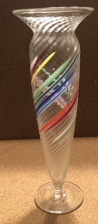 Signed Hand Blown Studio Art Glass Bud Vase Blue Ribbon Swirl 1989 9 - 3/8”
