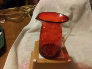 Vintage Small Red Crackle Glass Pitcher.  4 Inch Tall Blown Glass