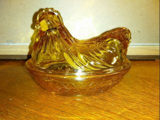 Vintage Hazel Atlas Amber Glass Chicken Hen On Nest Candy Dish 4.  5 X 5.  5