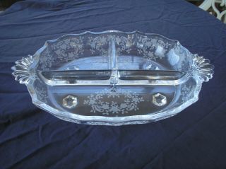 Cambridge Glass Rose Point Etched Two Handle Divided Relish Dish